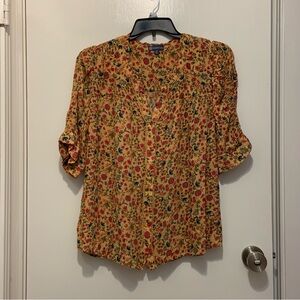 Democracy Floral Boho Blouse 2X Plus Size Yellow Red V-Neck 3/4 Roll-Tab Sleeve